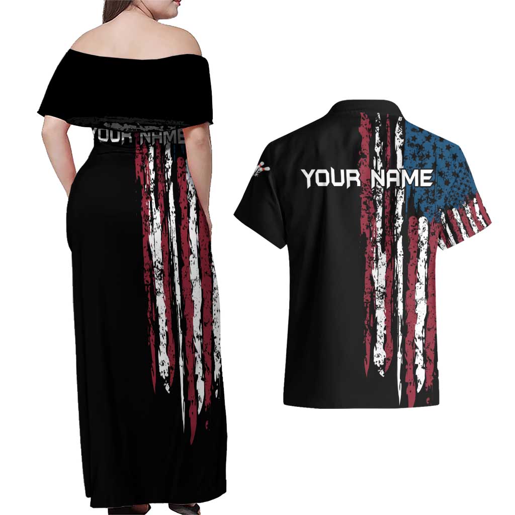 Distressed American Flag Couples Matching Off Shoulder Maxi Dress and Hawaiian Shirt with Bowling Pins and Ball Vertical Stripe Design - Wonder Print Shop