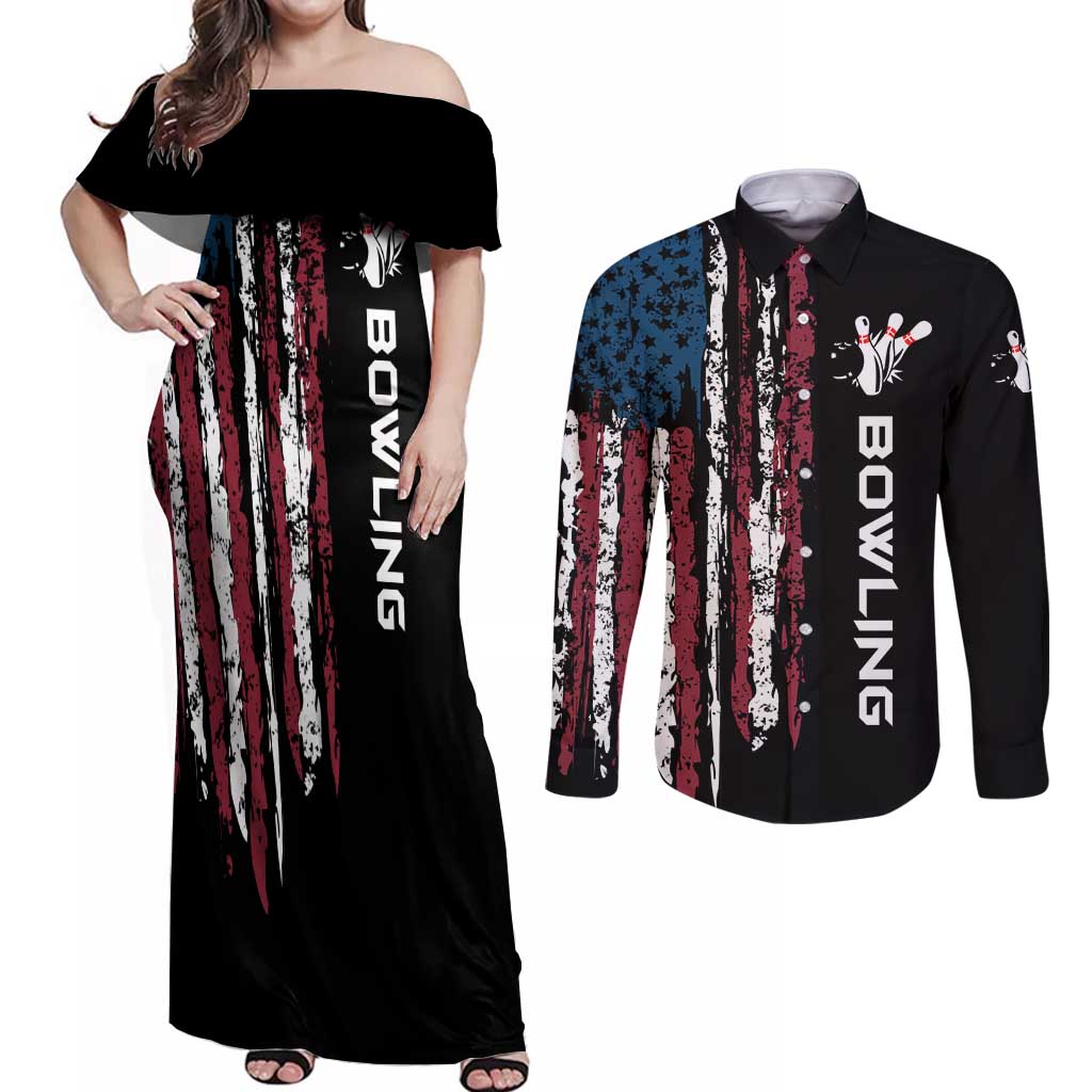 Distressed American Flag Couples Matching Off Shoulder Maxi Dress and Long Sleeve Button Shirt with Bowling Pins and Ball Vertical Stripe Design - Wonder Print Shop