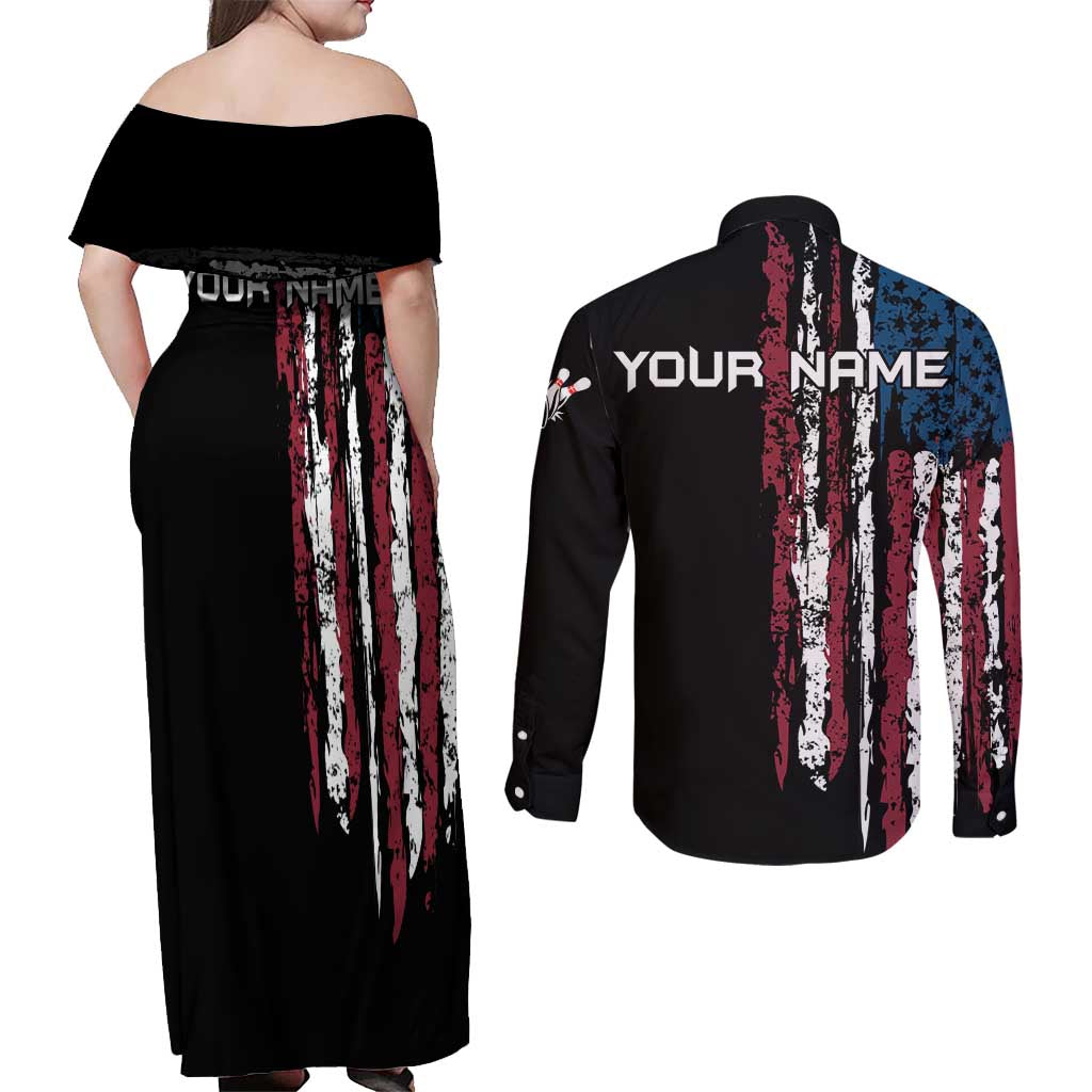 Distressed American Flag Couples Matching Off Shoulder Maxi Dress and Long Sleeve Button Shirt with Bowling Pins and Ball Vertical Stripe Design - Wonder Print Shop