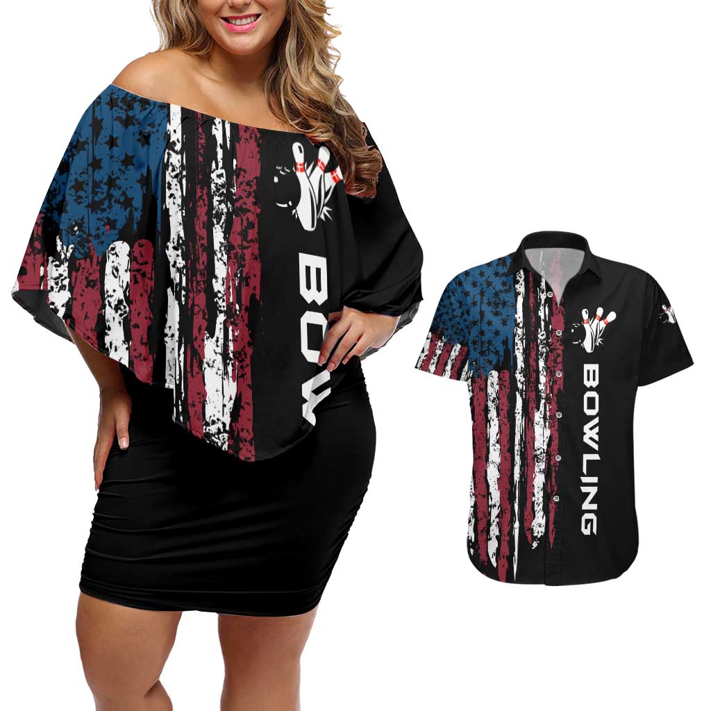 Distressed American Flag Couples Matching Off Shoulder Short Dress and Hawaiian Shirt with Bowling Pins and Ball Vertical Stripe Design - Wonder Print Shop