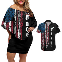 Distressed American Flag Couples Matching Off Shoulder Short Dress and Hawaiian Shirt with Bowling Pins and Ball Vertical Stripe Design - Wonder Print Shop
