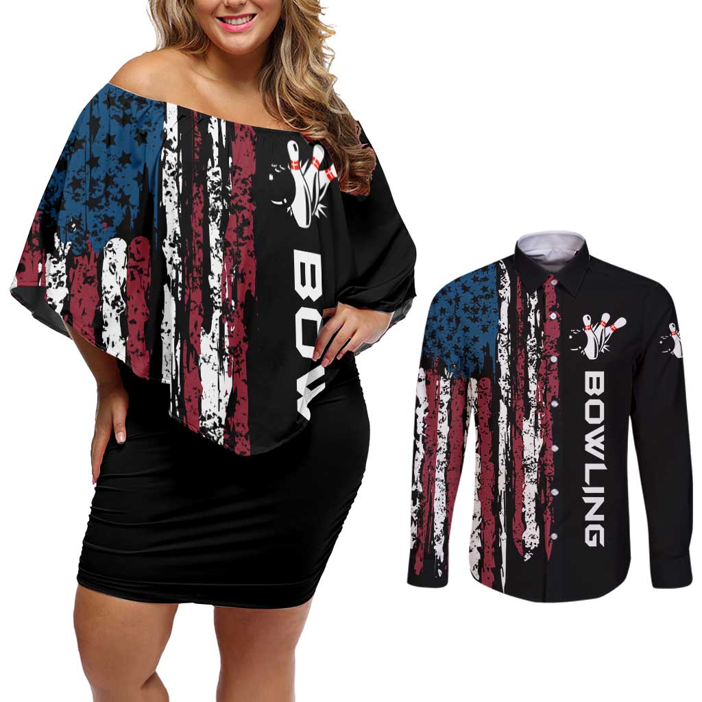 Distressed American Flag Couples Matching Off Shoulder Short Dress and Long Sleeve Button Shirt with Bowling Pins and Ball Vertical Stripe Design - Wonder Print Shop