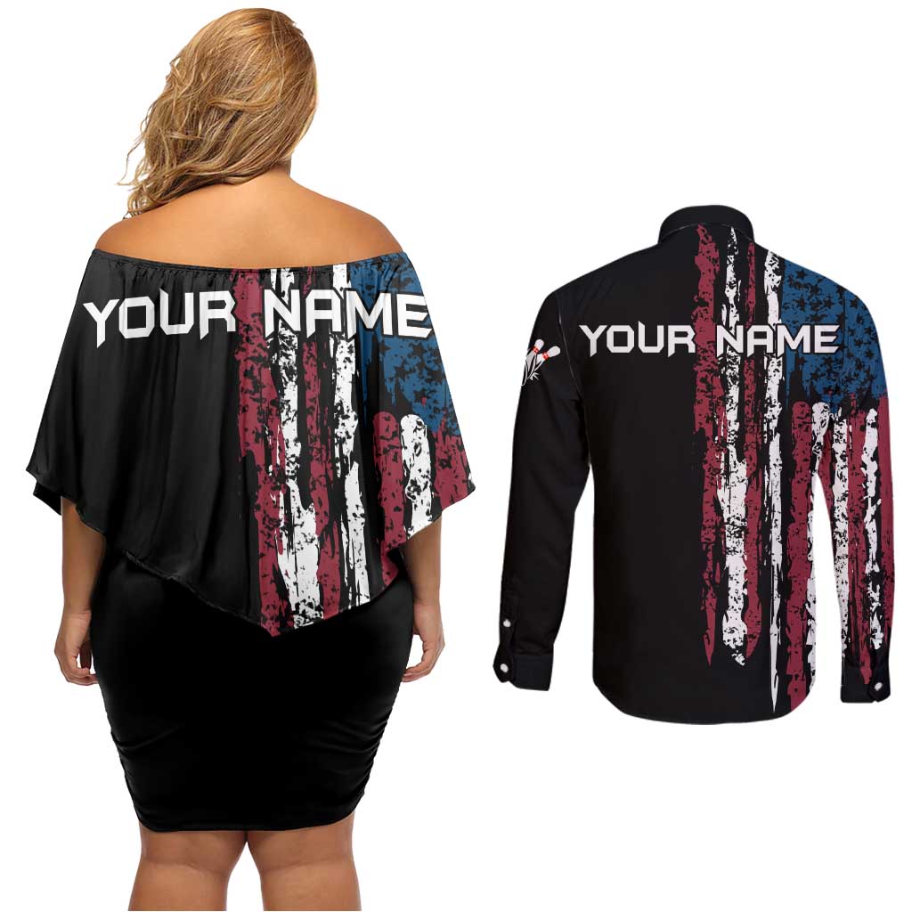Distressed American Flag Couples Matching Off Shoulder Short Dress and Long Sleeve Button Shirt with Bowling Pins and Ball Vertical Stripe Design - Wonder Print Shop