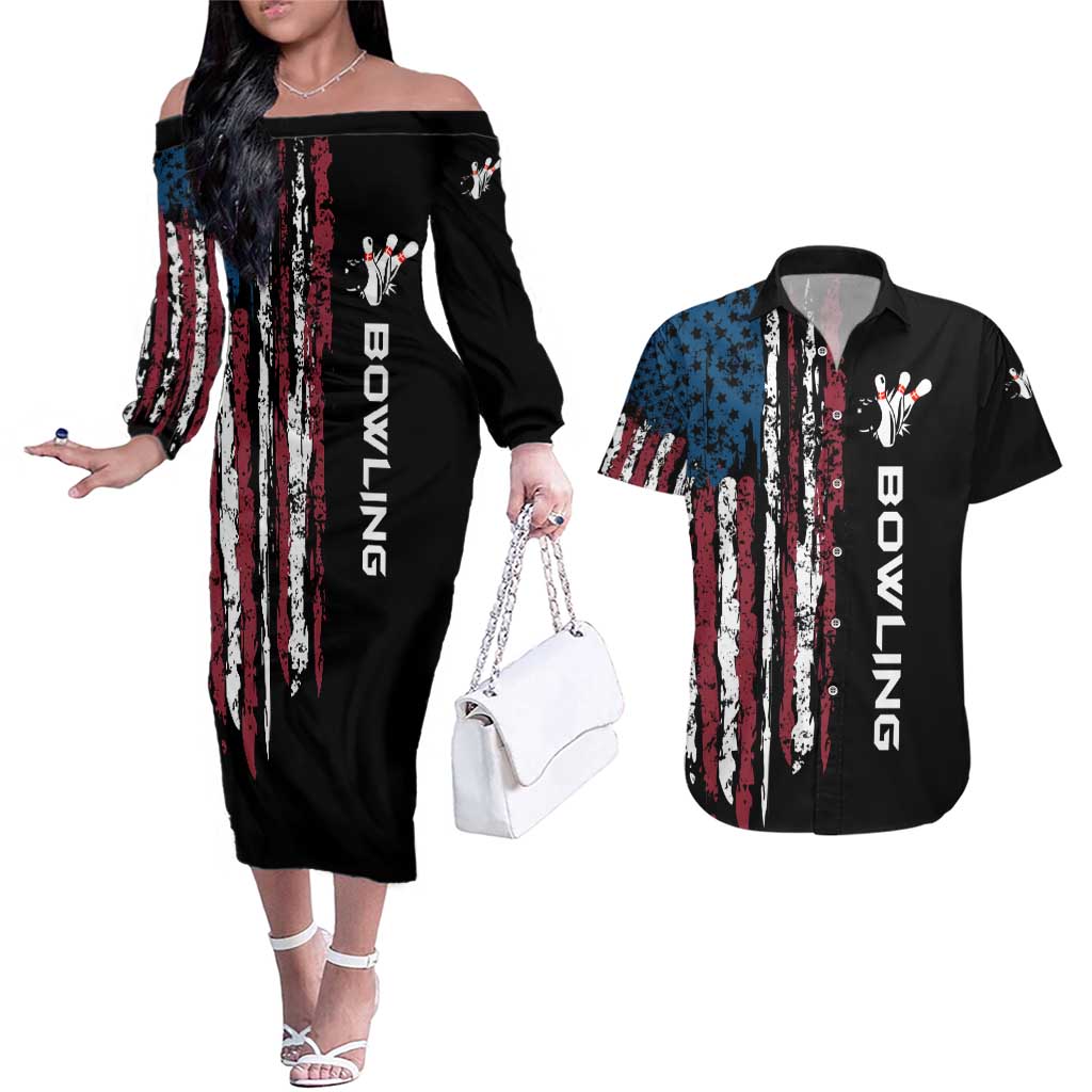 Distressed American Flag Couples Matching Off The Shoulder Long Sleeve Dress and Hawaiian Shirt with Bowling Pins and Ball Vertical Stripe Design - Wonder Print Shop