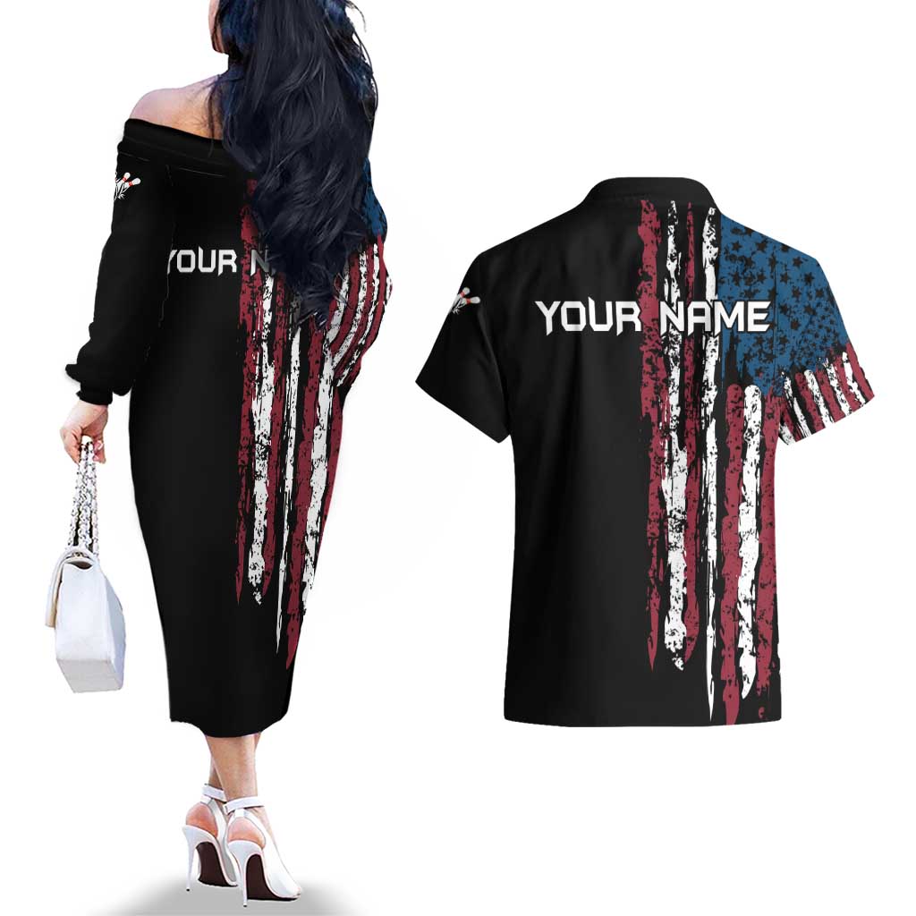 Distressed American Flag Couples Matching Off The Shoulder Long Sleeve Dress and Hawaiian Shirt with Bowling Pins and Ball Vertical Stripe Design - Wonder Print Shop