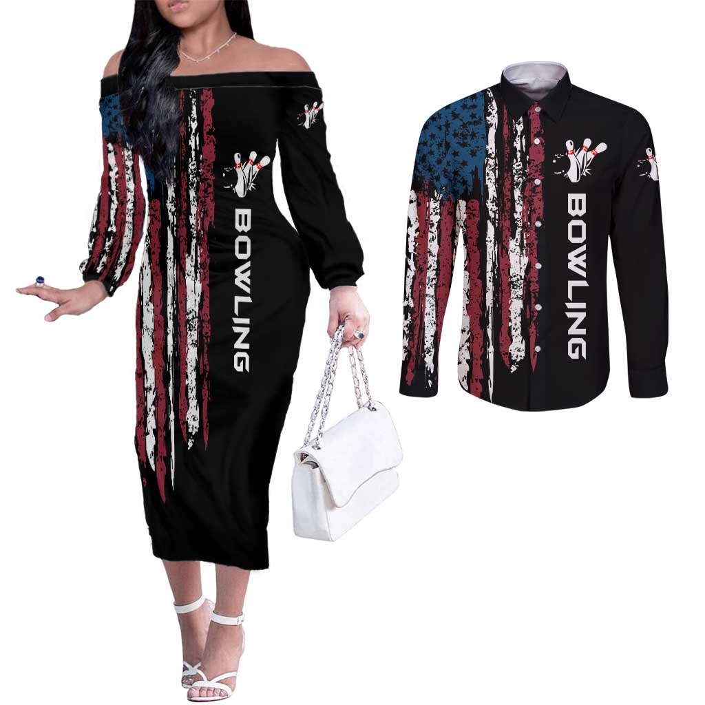 Distressed American Flag Couples Matching Off The Shoulder Long Sleeve Dress and Long Sleeve Button Shirt with Bowling Pins and Ball Vertical Stripe Design - Wonder Print Shop
