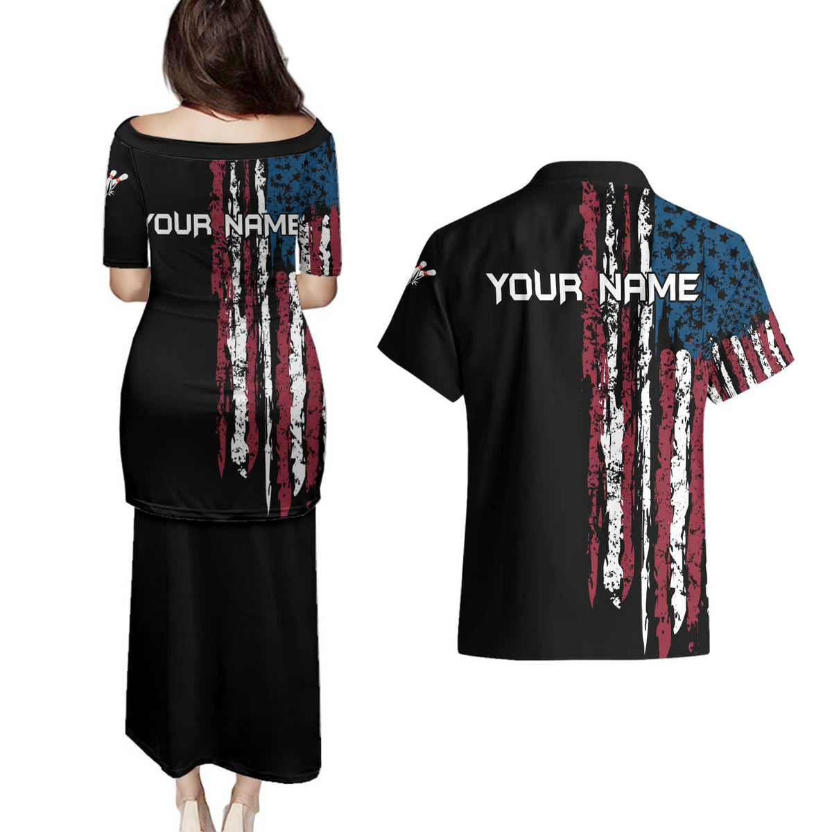Distressed American Flag Couples Matching Puletasi and Hawaiian Shirt with Bowling Pins and Ball Vertical Stripe Design - Wonder Print Shop
