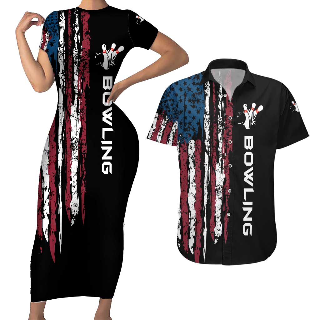 Distressed American Flag Couples Matching Short Sleeve Bodycon Dress and Hawaiian Shirt with Bowling Pins and Ball Vertical Stripe Design - Wonder Print Shop