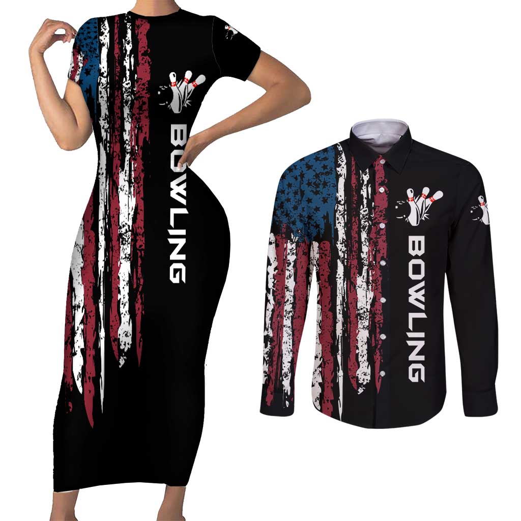 Distressed American Flag Couples Matching Short Sleeve Bodycon Dress and Long Sleeve Button Shirt with Bowling Pins and Ball Vertical Stripe Design - Wonder Print Shop