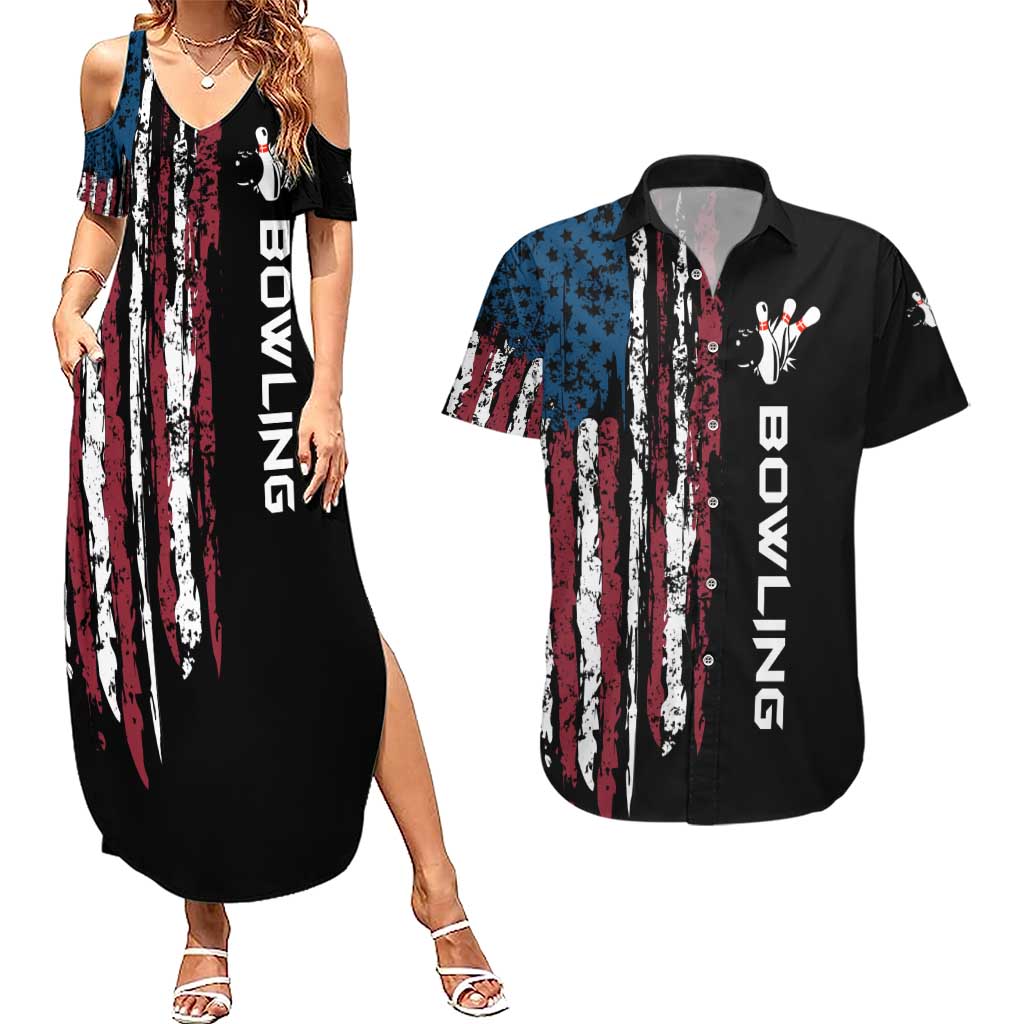 Distressed American Flag Couples Matching Summer Maxi Dress and Hawaiian Shirt with Bowling Pins and Ball Vertical Stripe Design - Wonder Print Shop