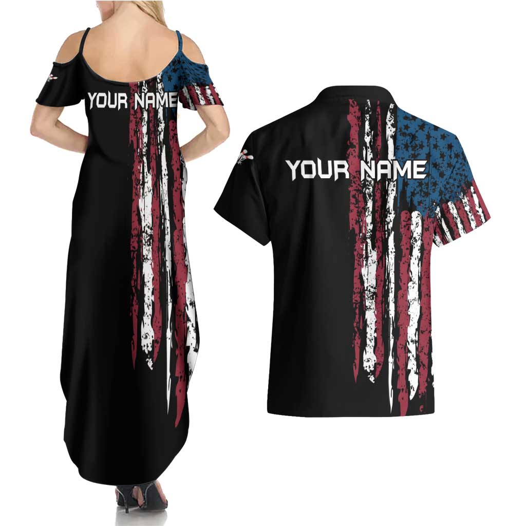 Distressed American Flag Couples Matching Summer Maxi Dress and Hawaiian Shirt with Bowling Pins and Ball Vertical Stripe Design - Wonder Print Shop