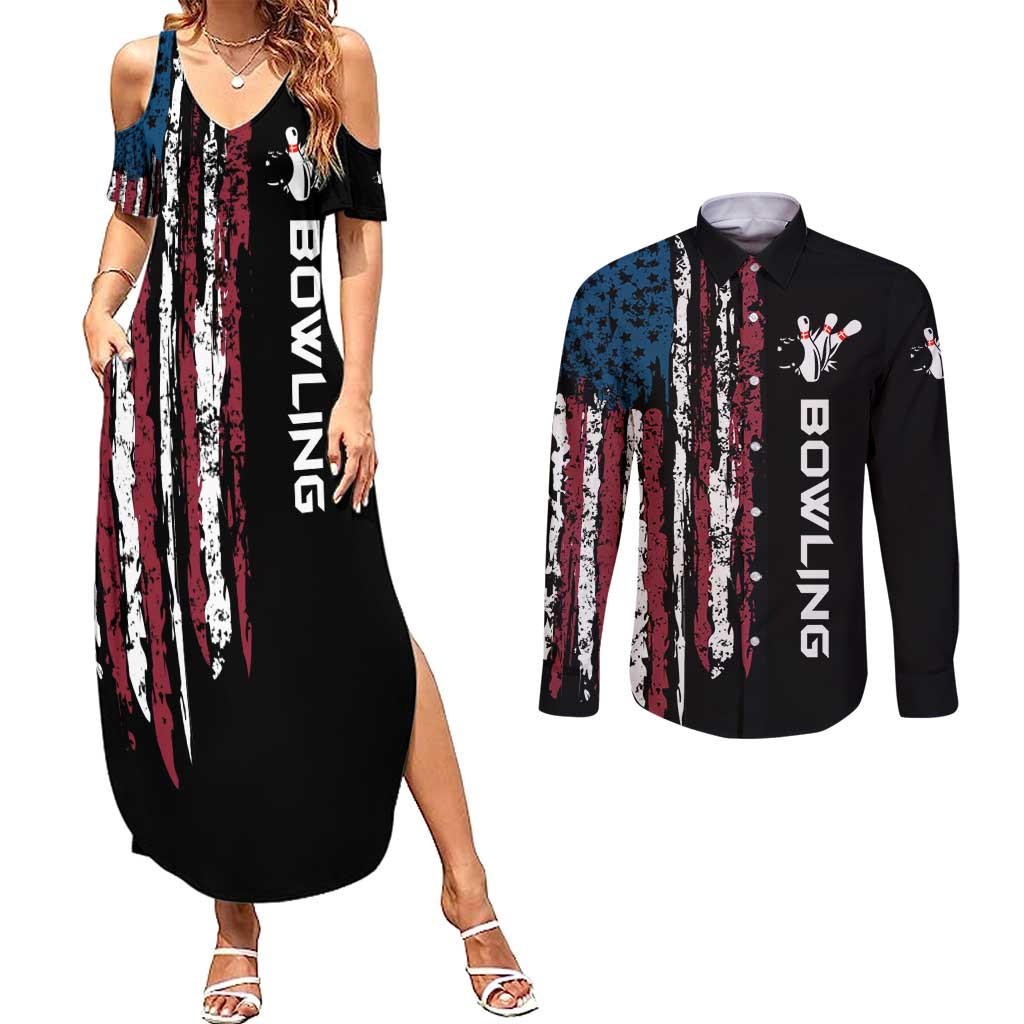 Distressed American Flag Couples Matching Summer Maxi Dress and Long Sleeve Button Shirt with Bowling Pins and Ball Vertical Stripe Design - Wonder Print Shop