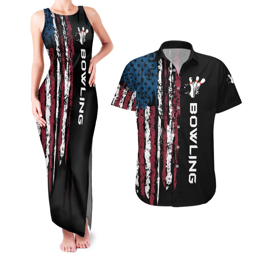 Distressed American Flag Couples Matching Tank Maxi Dress and Hawaiian Shirt with Bowling Pins and Ball Vertical Stripe Design - Wonder Print Shop