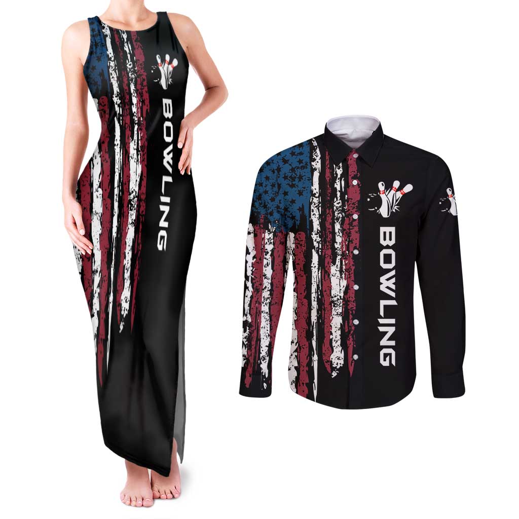 Distressed American Flag Couples Matching Tank Maxi Dress and Long Sleeve Button Shirt with Bowling Pins and Ball Vertical Stripe Design - Wonder Print Shop