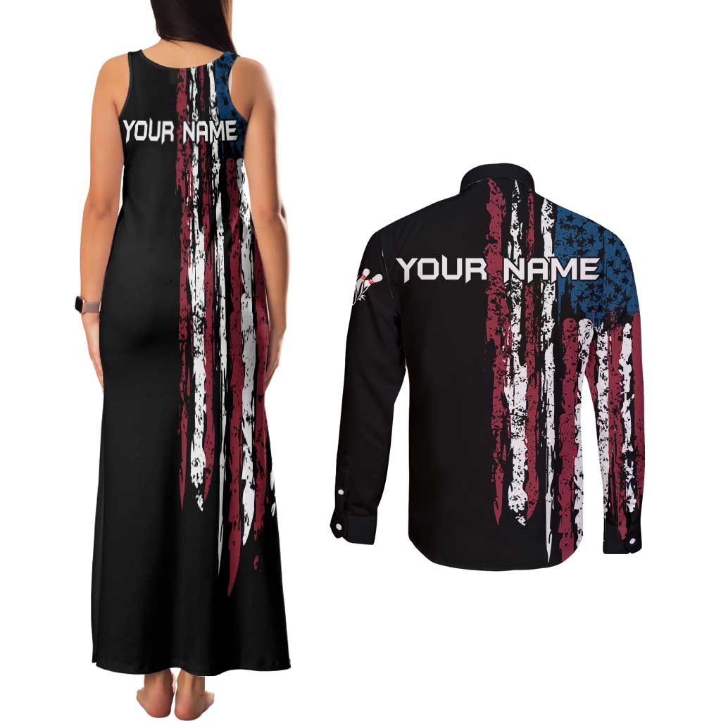 Distressed American Flag Couples Matching Tank Maxi Dress and Long Sleeve Button Shirt with Bowling Pins and Ball Vertical Stripe Design - Wonder Print Shop