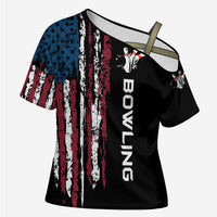Distressed American Flag Cross Shoulder Shirt with Bowling Pins and Ball Vertical Stripe Design - Wonder Print Shop