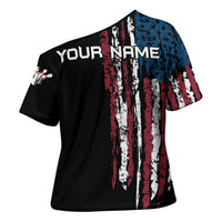 Distressed American Flag Cross Shoulder Shirt with Bowling Pins and Ball Vertical Stripe Design - Wonder Print Shop