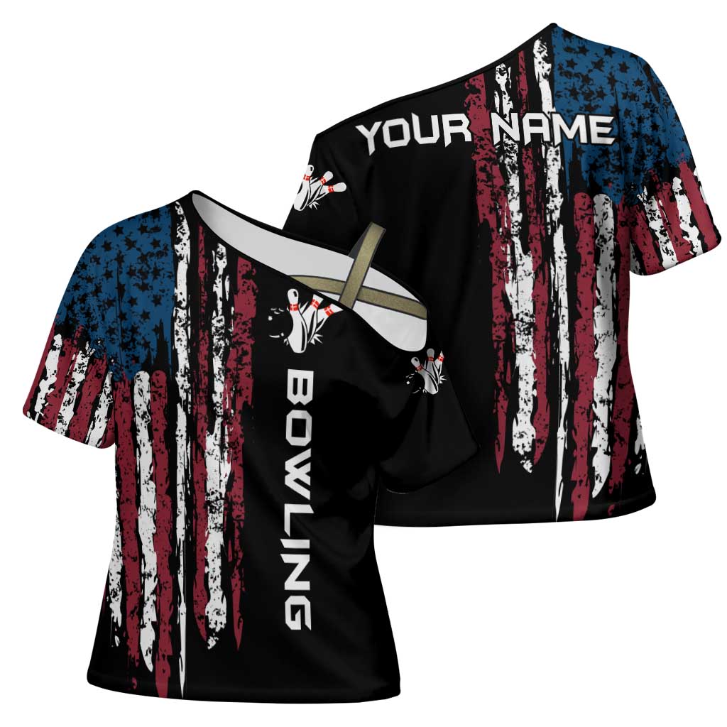 Distressed American Flag Cross Shoulder Shirt with Bowling Pins and Ball Vertical Stripe Design - Wonder Print Shop