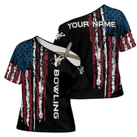Distressed American Flag Cross Shoulder Shirt with Bowling Pins and Ball Vertical Stripe Design - Wonder Print Shop
