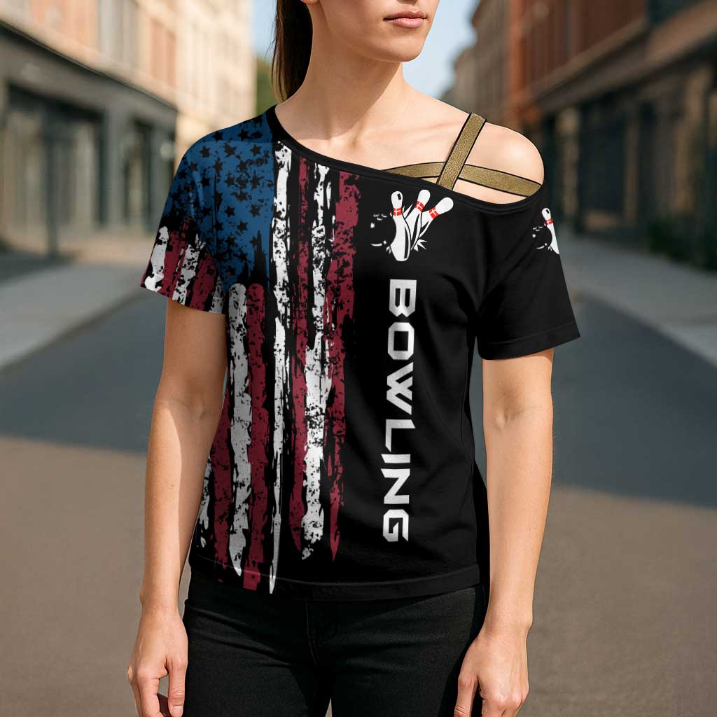 Distressed American Flag Cross Shoulder Shirt with Bowling Pins and Ball Vertical Stripe Design - Wonder Print Shop
