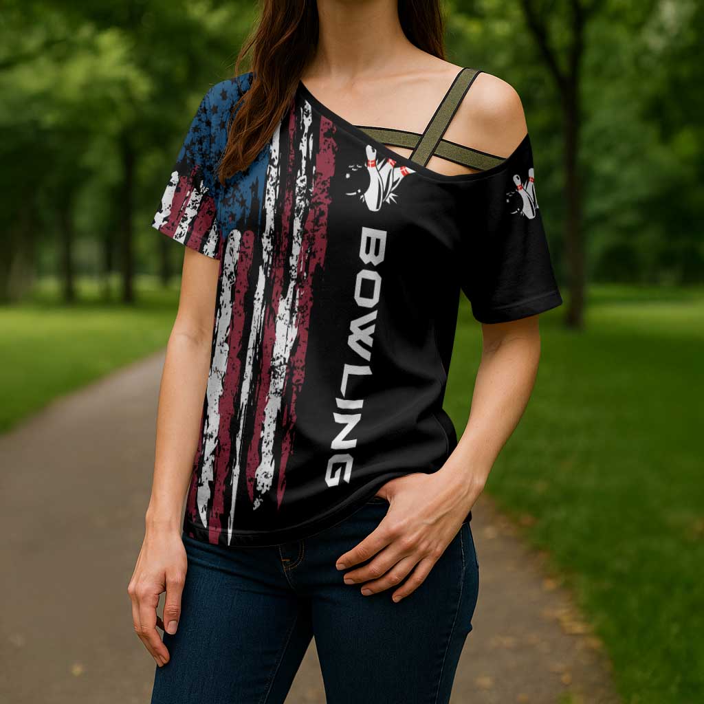 Distressed American Flag Cross Shoulder Shirt with Bowling Pins and Ball Vertical Stripe Design - Wonder Print Shop