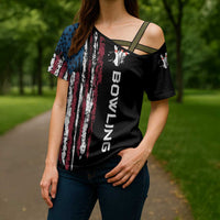 Distressed American Flag Cross Shoulder Shirt with Bowling Pins and Ball Vertical Stripe Design - Wonder Print Shop
