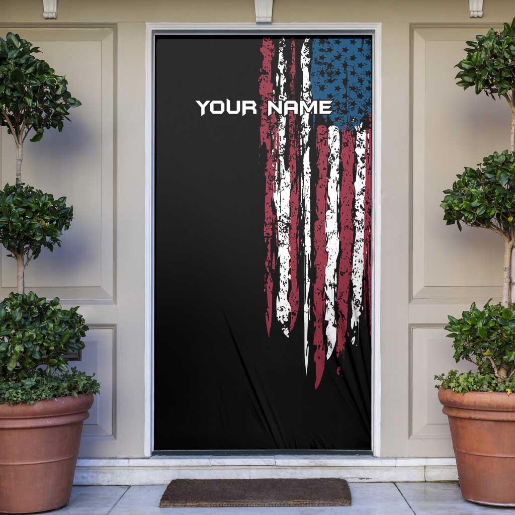 Distressed American Flag Door Cover with Bowling Pins and Ball Vertical Stripe Design - Wonder Print Shop