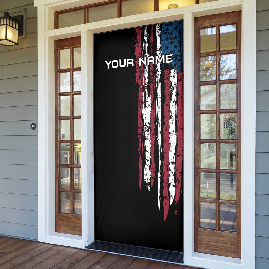 Distressed American Flag Door Cover with Bowling Pins and Ball Vertical Stripe Design - Wonder Print Shop