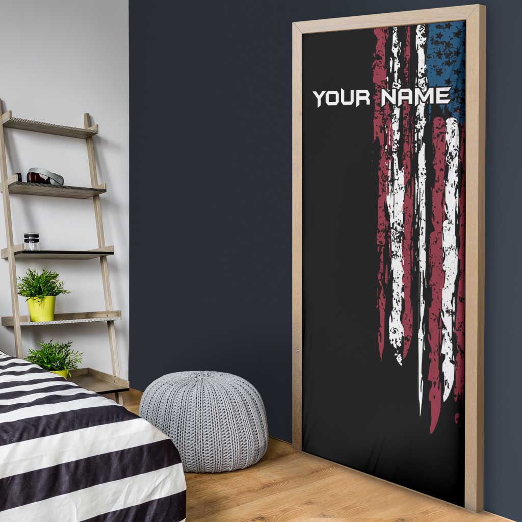 Distressed American Flag Door Cover with Bowling Pins and Ball Vertical Stripe Design - Wonder Print Shop