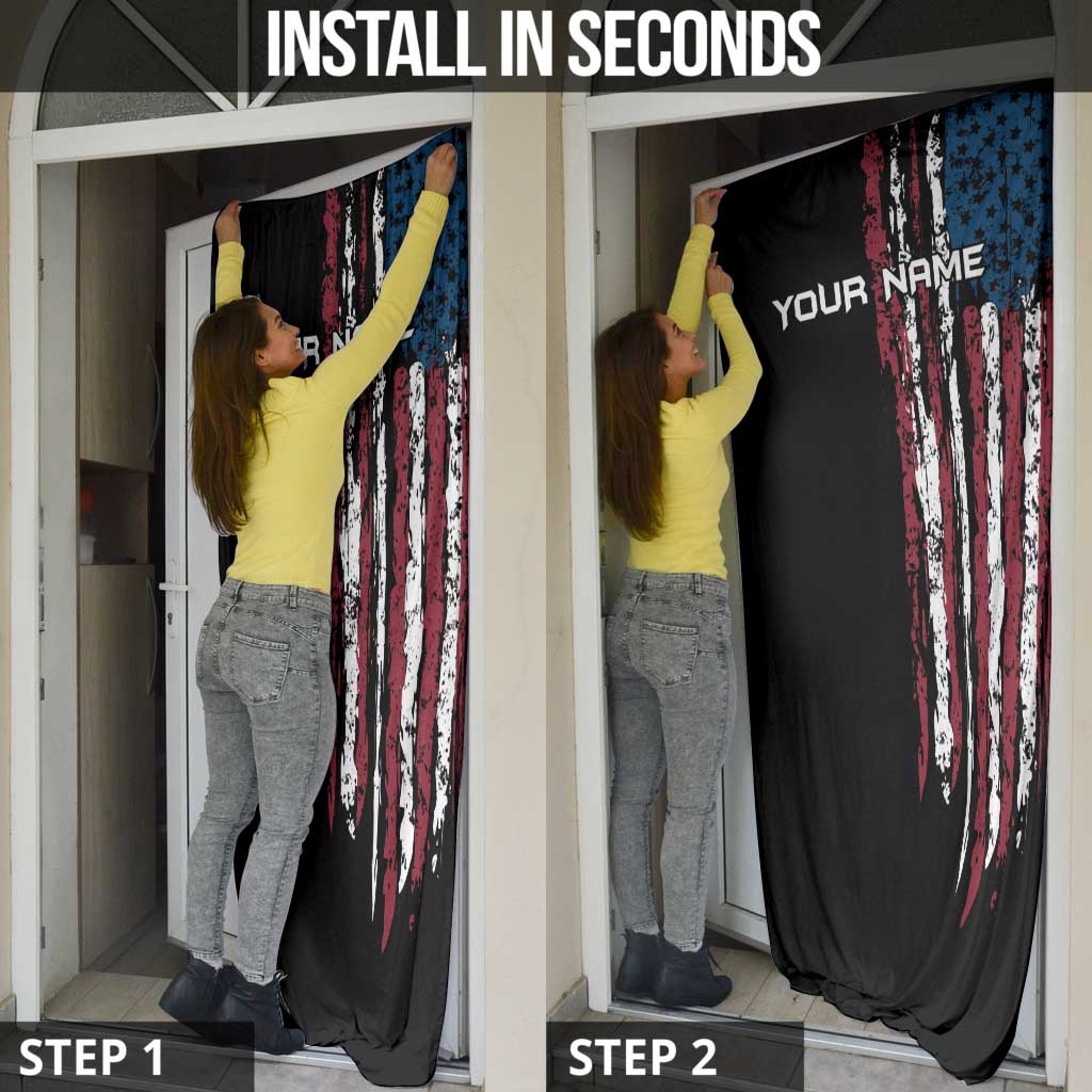 Distressed American Flag Door Cover with Bowling Pins and Ball Vertical Stripe Design - Wonder Print Shop