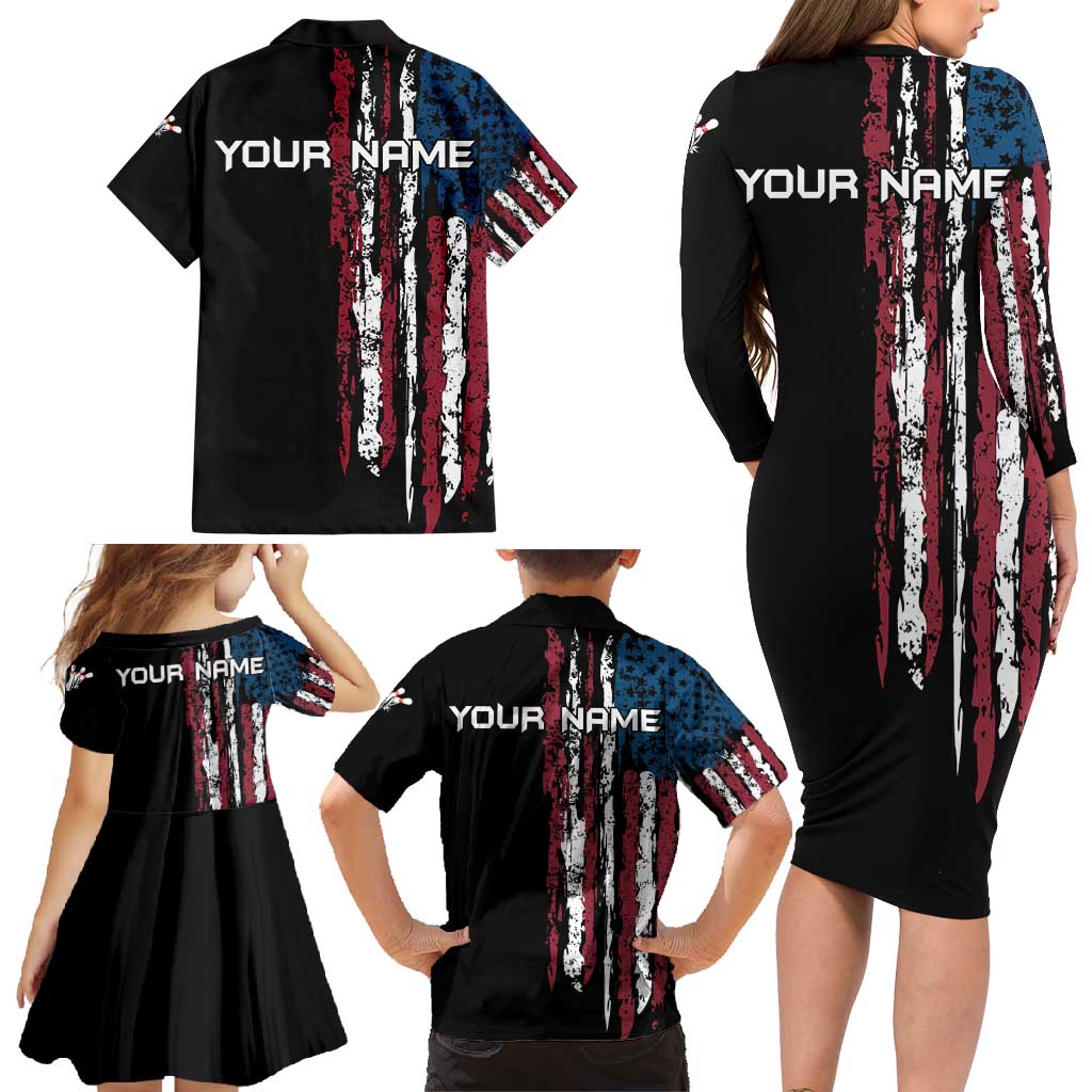Distressed American Flag Family Matching Long Sleeve Bodycon Dress and Hawaiian Shirt with Bowling Pins and Ball Vertical Stripe Design - Wonder Print Shop