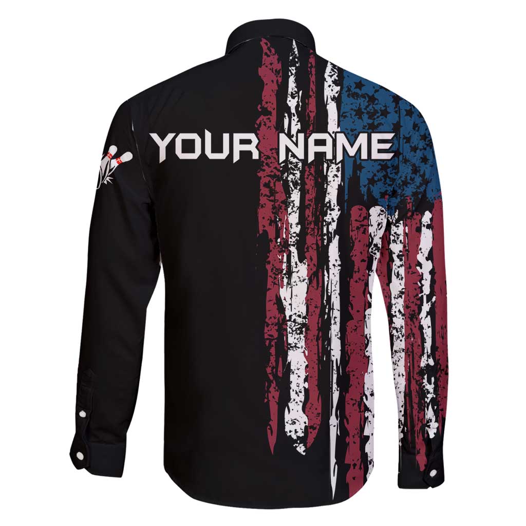 Distressed American Flag Family Matching Long Sleeve Bodycon Dress and Hawaiian Shirt with Bowling Pins and Ball Vertical Stripe Design - Wonder Print Shop