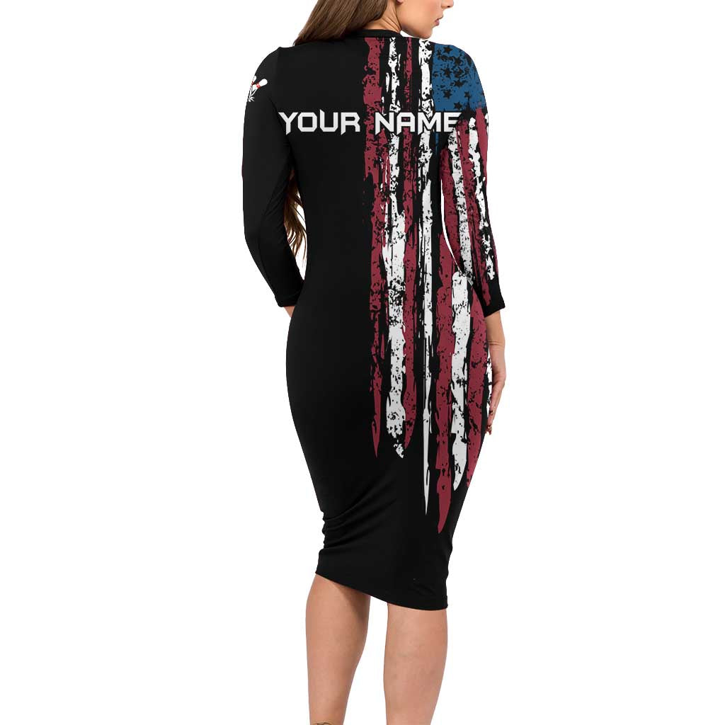 Distressed American Flag Family Matching Long Sleeve Bodycon Dress and Hawaiian Shirt with Bowling Pins and Ball Vertical Stripe Design - Wonder Print Shop