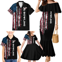 Distressed American Flag Family Matching Mermaid Dress and Hawaiian Shirt with Bowling Pins and Ball Vertical Stripe Design - Wonder Print Shop