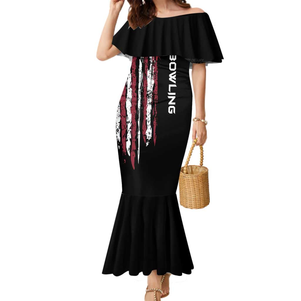 Distressed American Flag Family Matching Mermaid Dress and Hawaiian Shirt with Bowling Pins and Ball Vertical Stripe Design - Wonder Print Shop