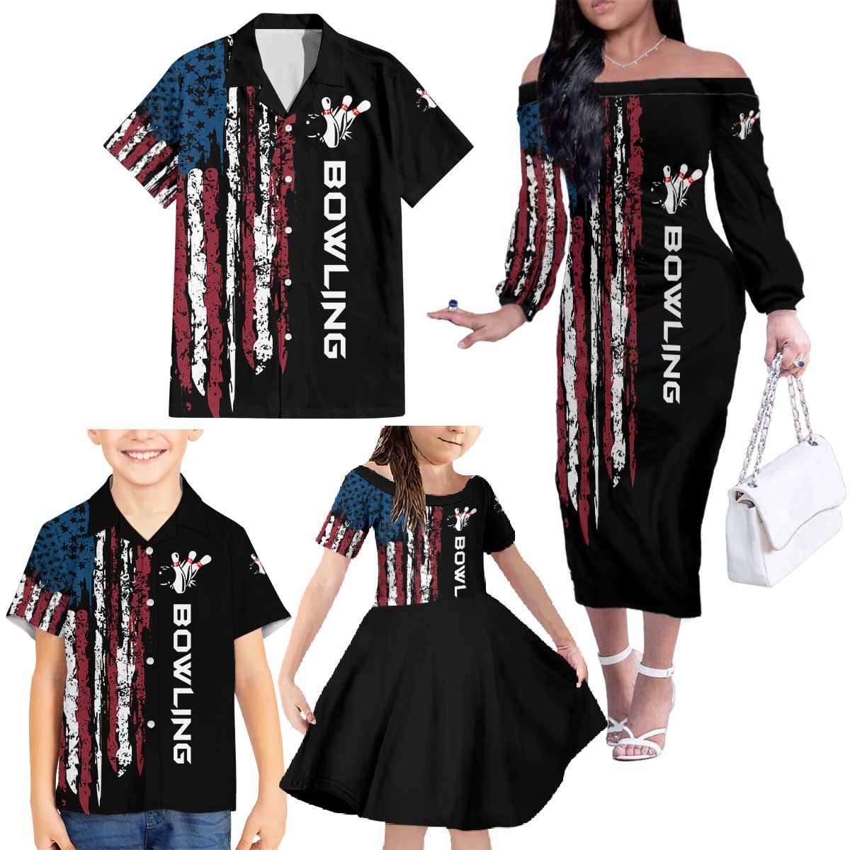 Distressed American Flag Family Matching Off The Shoulder Long Sleeve Dress and Hawaiian Shirt with Bowling Pins and Ball Vertical Stripe Design - Wonder Print Shop