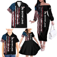 Distressed American Flag Family Matching Off The Shoulder Long Sleeve Dress and Hawaiian Shirt with Bowling Pins and Ball Vertical Stripe Design - Wonder Print Shop