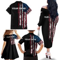 Distressed American Flag Family Matching Off The Shoulder Long Sleeve Dress and Hawaiian Shirt with Bowling Pins and Ball Vertical Stripe Design - Wonder Print Shop