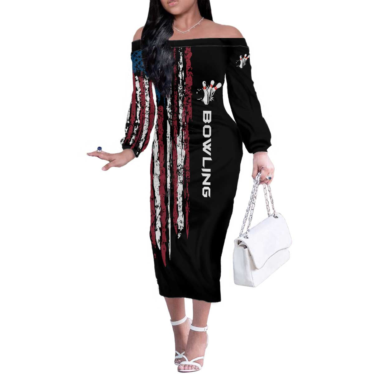 Distressed American Flag Family Matching Off The Shoulder Long Sleeve Dress and Hawaiian Shirt with Bowling Pins and Ball Vertical Stripe Design - Wonder Print Shop