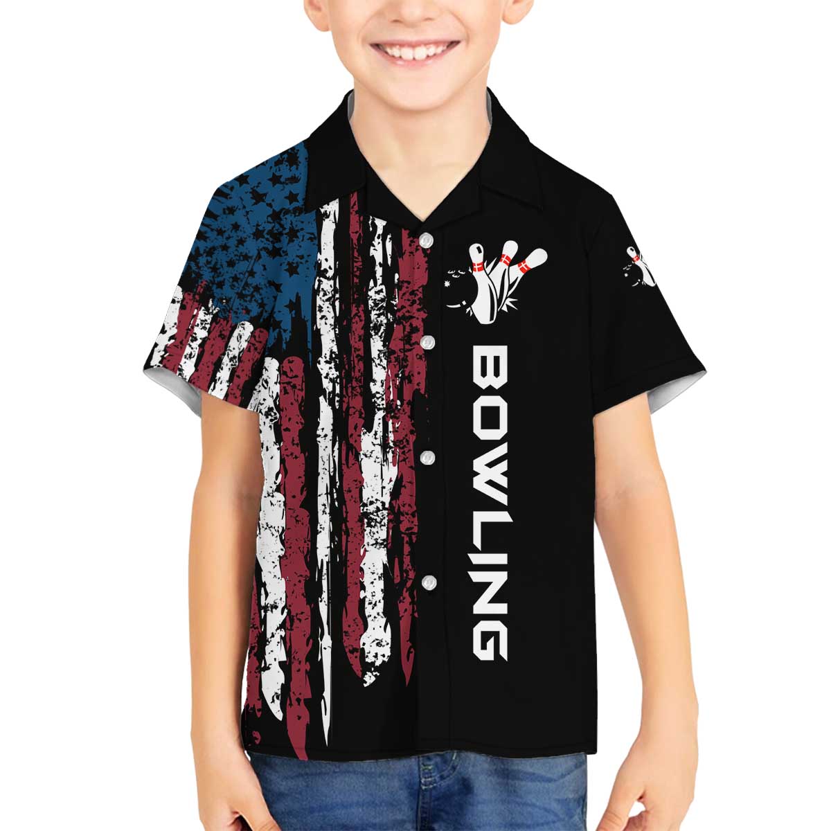 Distressed American Flag Family Matching Off The Shoulder Long Sleeve Dress and Hawaiian Shirt with Bowling Pins and Ball Vertical Stripe Design - Wonder Print Shop