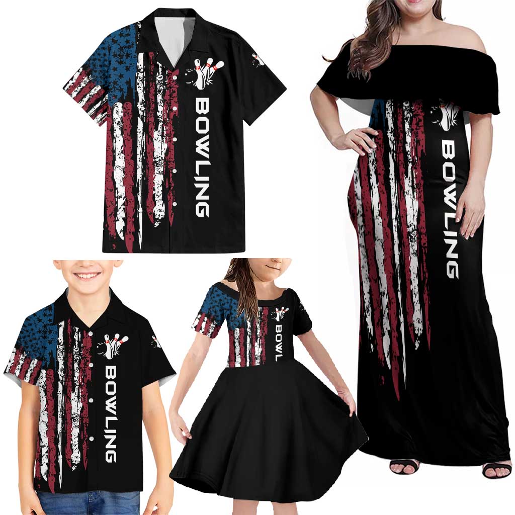 Distressed American Flag Family Matching Off Shoulder Maxi Dress and Hawaiian Shirt with Bowling Pins and Ball Vertical Stripe Design - Wonder Print Shop