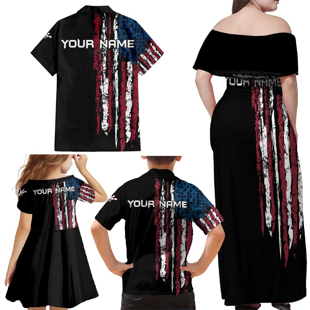 Distressed American Flag Family Matching Off Shoulder Maxi Dress and Hawaiian Shirt with Bowling Pins and Ball Vertical Stripe Design - Wonder Print Shop