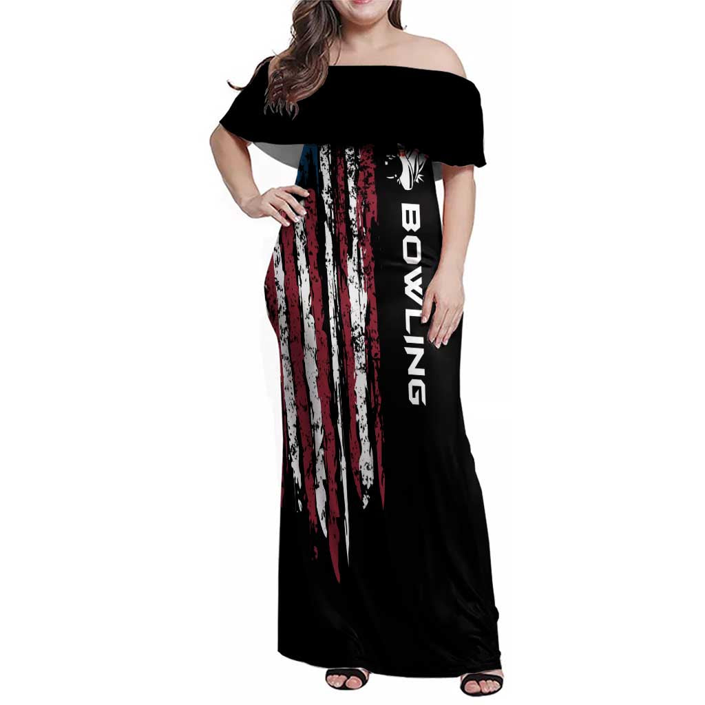 Distressed American Flag Family Matching Off Shoulder Maxi Dress and Hawaiian Shirt with Bowling Pins and Ball Vertical Stripe Design - Wonder Print Shop
