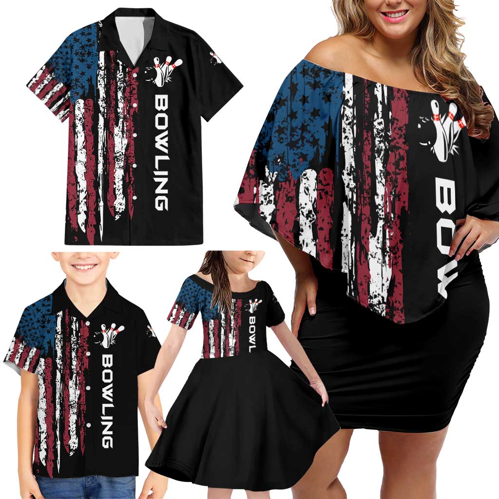 Distressed American Flag Family Matching Off Shoulder Short Dress and Hawaiian Shirt with Bowling Pins and Ball Vertical Stripe Design - Wonder Print Shop