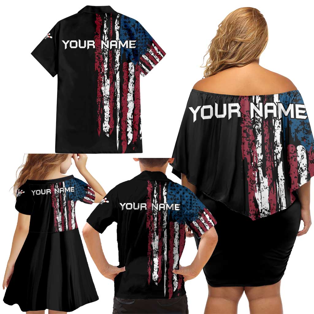 Distressed American Flag Family Matching Off Shoulder Short Dress and Hawaiian Shirt with Bowling Pins and Ball Vertical Stripe Design - Wonder Print Shop