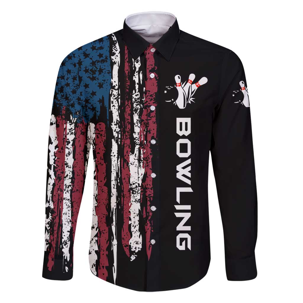 Distressed American Flag Family Matching Off Shoulder Short Dress and Hawaiian Shirt with Bowling Pins and Ball Vertical Stripe Design - Wonder Print Shop