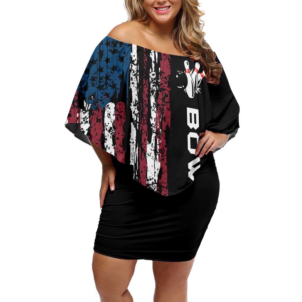 Distressed American Flag Family Matching Off Shoulder Short Dress and Hawaiian Shirt with Bowling Pins and Ball Vertical Stripe Design - Wonder Print Shop