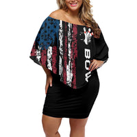 Distressed American Flag Family Matching Off Shoulder Short Dress and Hawaiian Shirt with Bowling Pins and Ball Vertical Stripe Design - Wonder Print Shop