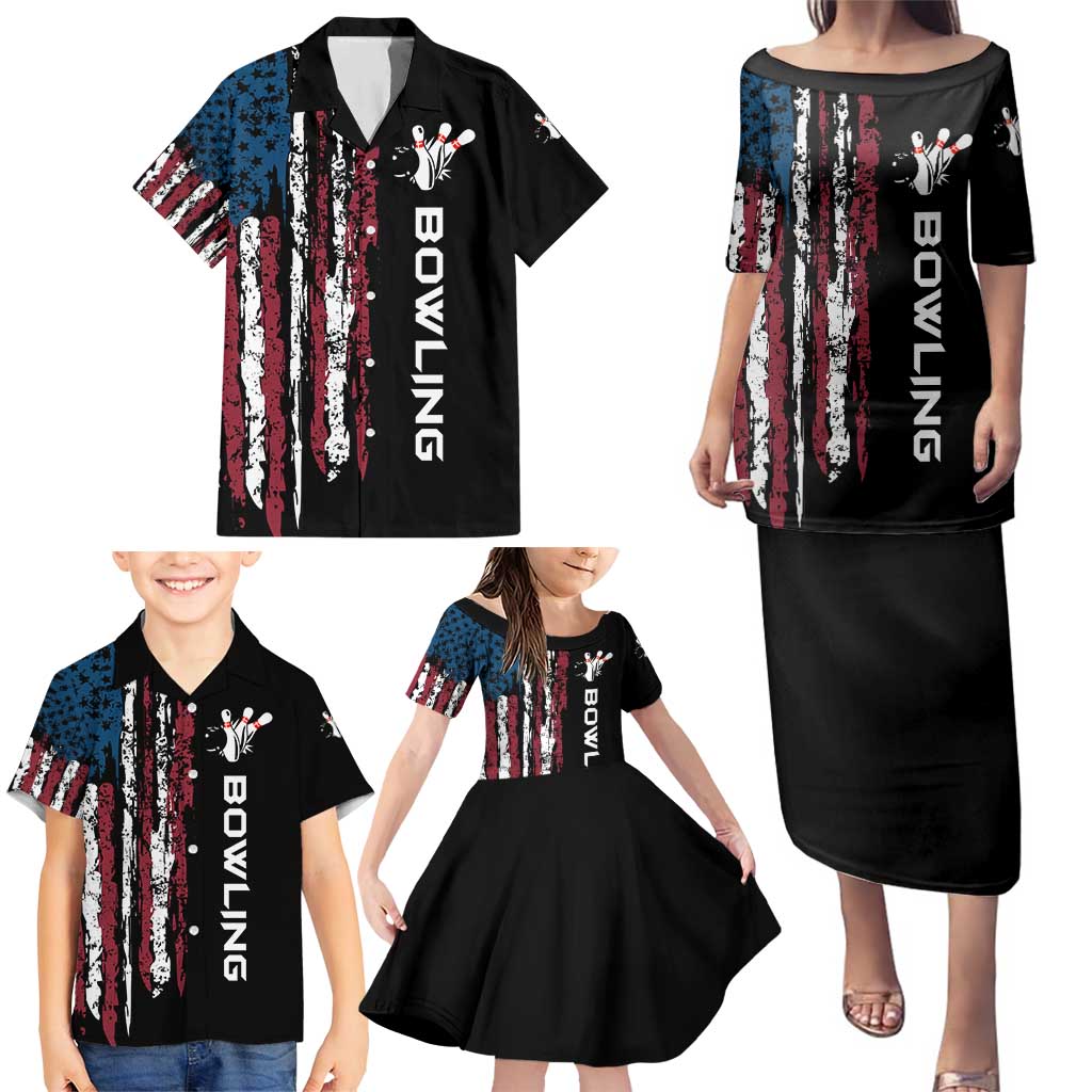 Distressed American Flag Family Matching Puletasi and Hawaiian Shirt with Bowling Pins and Ball Vertical Stripe Design - Wonder Print Shop