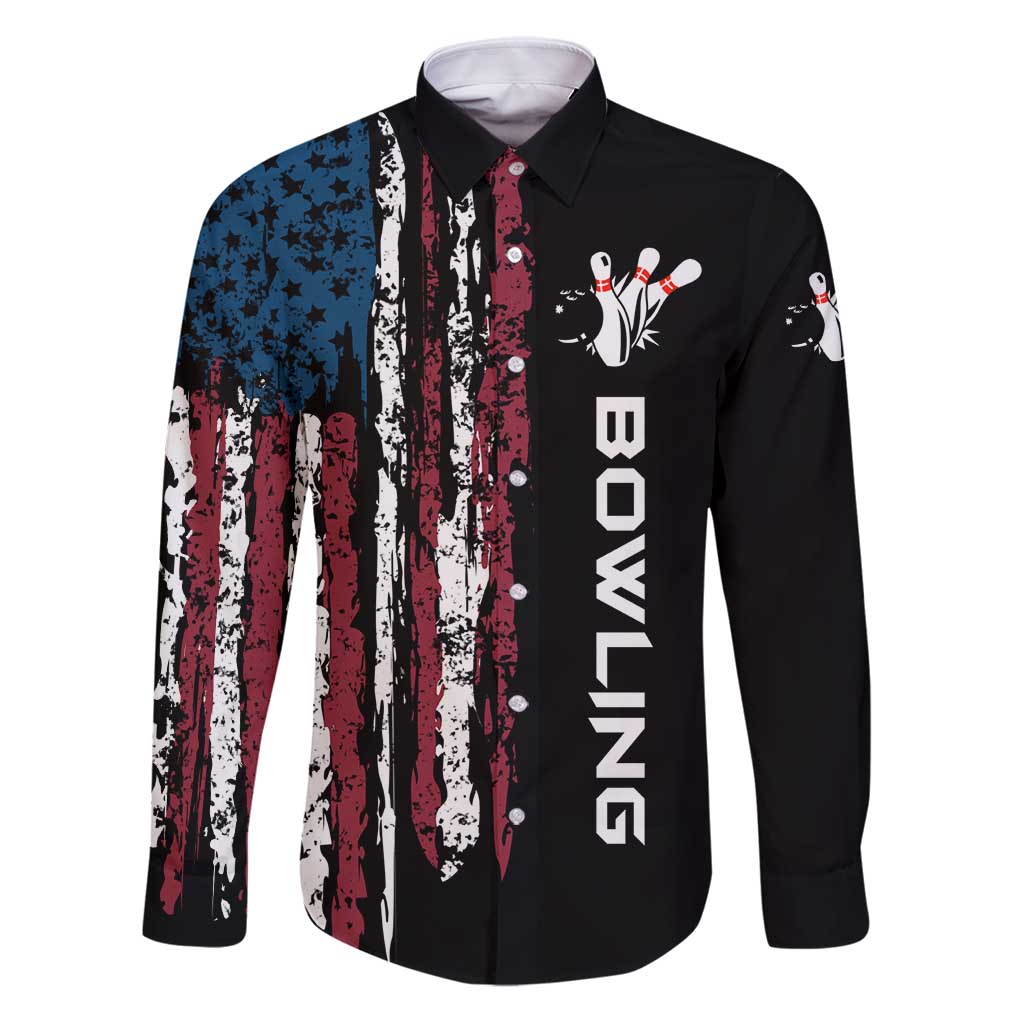 Distressed American Flag Family Matching Puletasi and Hawaiian Shirt with Bowling Pins and Ball Vertical Stripe Design - Wonder Print Shop